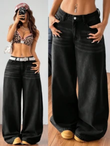 Women's Casual Denim Jeans (Couple Style - Wide Leg Pants), Spring Fashion Denim Pants Suitable For All Seasons, Oversized Charcoal Gray, High Waist, Full Length, Casual Outdoor Pants, Multi-Functional Daily Wear, Valentine's Day Essential Women's Fashion Jeans Single Item Gift, Suitable For Family Leisure, Slimming For Teenagers To Adults, Minimalist Design, Durable Jeans - 黑色*昇級旗艦款 - 查看 1