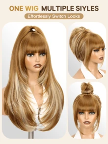 24英寸长层次直发假发，带刘海，渐变金色，耐热合成材料，自然层次感，适合日常佩戴、派对、角色扮演等场合。 - 挑染金色 - 查看 9