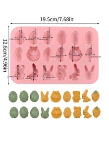 1个复活节硅胶巧克力模具，共有18个模腔，形状多样，包括彩蛋、兔子、兔头和篮子。适合DIY制作巧克力、糖果和果冻，方便实用。 - 粉色 - 查看 9