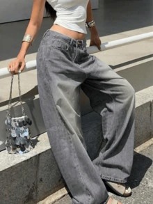 Women's Plus Size Denim Jeans (Couple Style - Ultra Loose Fit), Spring Fashion Jeans (Plus Size Wide Leg Pants), Ultra Loose Fit, High Waist, Full Length, Casual Outdoor Pants, Multi-Functional Daily Wear, Suitable For Family Leisure, Slim Fit For Teenagers To Adults, Minimalist Design, Durable Jeans - 灰色*旗艦款 - 查看 6