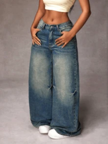 Women's Casual Denim Jeans, Spring Fashion Denim Pants Suitable For All Seasons, Wide Leg Fit, High Waist, Full Length, Casual Outdoor Pants, Simple Style, Suitable For Daily Wear, Valentine's Day Essential Women's Pants Jeans Single Item Gift - 水洗 - 查看 5