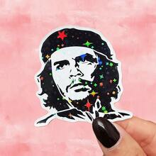 切·格瓦拉革命人乙烯基贴纸 - 卡通主题，自粘，一次性使用，哑光饰面，不对称形状，适用于塑料表面、左侧汽车保险杠和窗户贴花