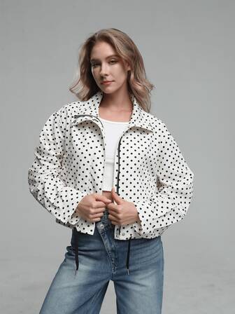 HZXVIC Women's Autumn New Polka Dot Mesh Drawstring Zipper Ribbed Collegiate Stand Collar Jacket