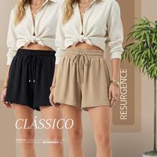 Women's Loose-Fitting High-Waisted Shorts With Elastic Waist, Comfortable, Duna Fabric, Casual, Chic, Everyday, Lightweight, Basic, Blogger Style, Knit Fabric, Faux Drawstring, Women's Fashion, Home, Beach, Vacation, Diary, Brunch, Travel, Spring, Summer - 淺灰色 - 查看 6