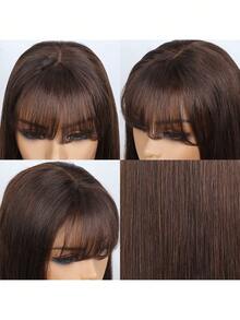 14 Inch 4x4 Lace Auburn Hair Wig With Bangs Layered Curtain Bangs Straight Closure Front Glueless Put On And Go Bob 4# Brown Real Human Hair Wigs - S4 - View 3