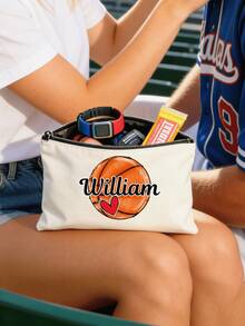 1pc Customized Canvas Chain Bag With Ball Design. Can Be Printed With Your Name/Custom Text. Includes Elements Of Multiple Balls Such As Soccer, Rugby, Baseball, Volleyball, Tennis, Basketball, Bowling, And Golf.