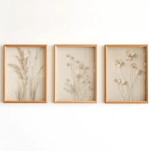 3件套现代墙面艺术海报，中性植物帆布墙画 - 简约花卉印花，米色调 - 现代自然装饰，带框或不带框均可，房间装饰，家居装饰，大学宿舍公寓装饰，酒店，家庭，客厅，卧室，浴室和办公室墙面装饰礼品