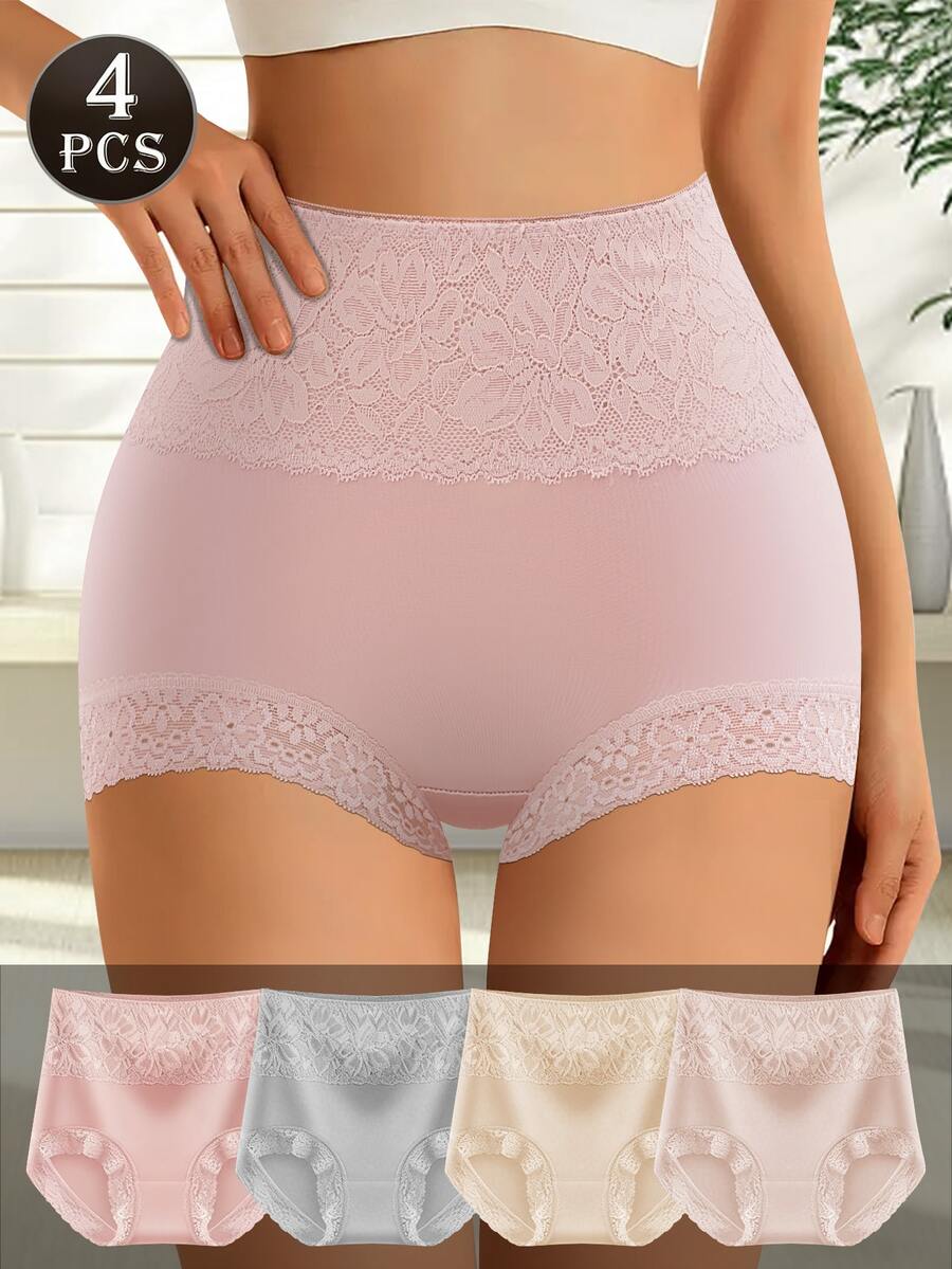4pcs Women's Sexy Lace Print Breathable Soft Elastic Briefs, Ideal Christmas Gift - Multicolor - View 1