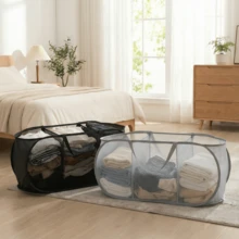 1pc Breathable, Durable, Collapsible, Space-Saving 3-Compartment Laundry Basket With Handle, Wide Opening And Side Pockets, Mesh Pop-Up Laundry Hamper, Breathable, Sturdy, Foldable, Space-Saving Design, Christmas Gift - Multicolor - View 2