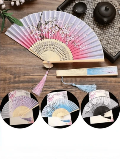 1pc Portable Sakura Folding Hand Fan, Bamboo Frame With Tassel, Elegant Ombre Silk Handheld Fan, Suitable For Women, Summer Cooling, Wedding Party Gift, Dance Performance Prop, Home Decor Accessory, Compact Japanese-Style Hand Fan For Office, Living Room, Bedroom And Outdoor Use