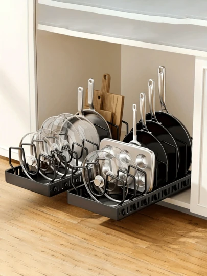 Extendable Cookware Rack - Adjustable Pull-Out Kitchen Storage Rack With Stainless Steel Adjustable Shelves, Suitable For Kitchen Cabinet Organization, Durable, Rust-Proof, Suitable For Cookware, Pots, And Lids - Durable Carbon Steel Cabinet Storage Rack For Kitchen Organization And Storage.