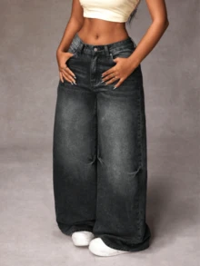 Women's Casual Denim Jeans, Spring Fashion Denim Pants Suitable For All Seasons, Wide Leg Fit, High Waist, Full Length, Casual Outdoor Pants, Simple Style, Suitable For Daily Wear, Valentine's Day Essential Women's Pants Jeans Single Item Gift - 深灰色 - 查看 6