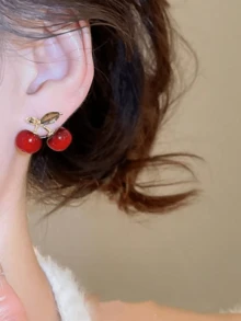 1 Pair Cute Cherry Earrings, Sweet Red Stud Earrings, Student Jewelry, Women's Casual Daily Wear - Style 1 - View 4