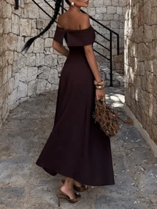Solid Color Elegant Backless Off Shoulder Dress, Suitable For Wedding, Party, Dating, Formal Occasions Summer - Burgundy - View 6