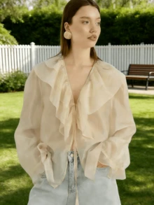 Ins Hot Apricot Sheer Organza Blouse Women's Ruffled V-Neck Tie Front Long Sleeve Top, Elegant Loose Fit Frill Trim Shirt For Daily Streetwear Date, Soft Transparent Chiffon Blouse Match Jeans Skirts, Spring Summer Autumn French Style Casual Blouses - Khaki - View 4