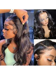 Leteme Perruque ondulée Body Wave 13x4 13x6, perruque frontale en dentelle transparente, cheveux humains brésiliens pré-épilés, nœuds blanchis, dentelle suisse, densité 180, pour femmes - Natural Black - Voir 5
