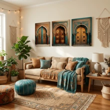 三联摩洛哥门框帆布墙画 - 三幅色彩鲜艳的伊斯兰图案帆布画，可选画框，波西米亚风格家居装饰，适合客厅和玄关，充满文化气息，现代风格，可用于卧室和休息室。