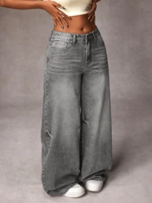 Women's Casual Denim Jeans, Spring Fashion Denim Pants Suitable For All Seasons, Wide Leg Fit, High Waist, Full Length, Casual Outdoor Pants, Simple Style, Suitable For Daily Wear, Valentine's Day Essential Women's Pants Jeans Single Item Gift - Xám - Xem 4