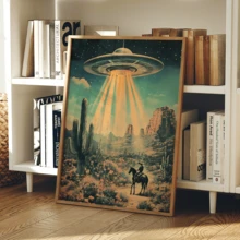 1 szt. Plakat ścienny w stylu vintage, styl dekoracyjny retro, klasyczny nowoczesny obraz na płótnie z UFO i kowbojem na koniu, plakat z krajobrazem w ramie z żywicy, z ramą lub bez, dekoracja pokoju, wystrój domu, wystrój akademika, hotelu, domu, salonu, sypialni, łazienki i biura