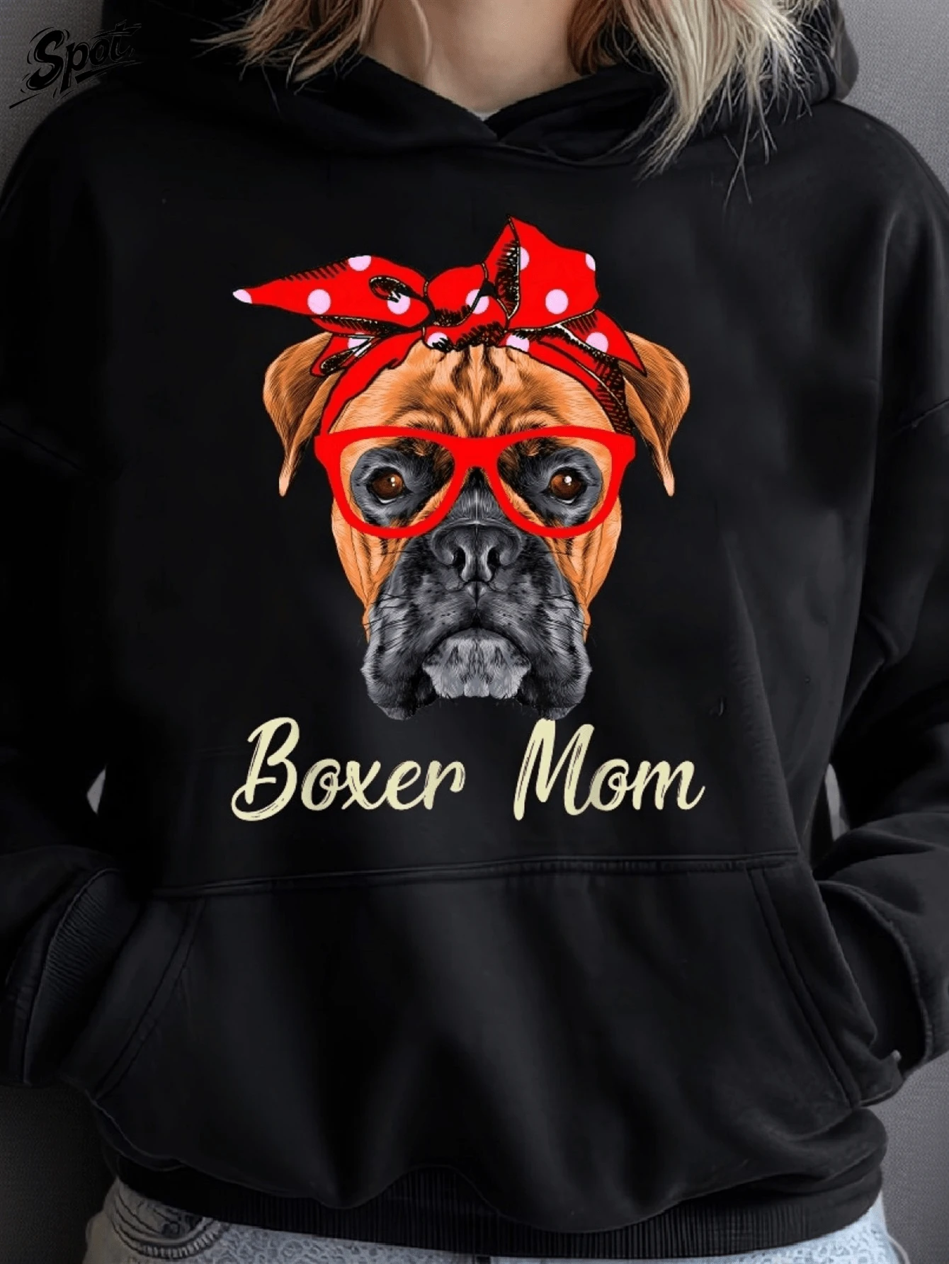 Women's Boxer Dog Mom Hoodie - Cozy Pullover Sweatshirt With Boxer Puppy & BOWSER MOM Print, All-Season Casual Wear, Dog Lovers Gift For Boxer Owners, Mothers Day Present, Machine Washable Hooded Sweater. - Black - View 1