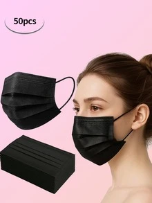 [50 Pieces ] Black And Pink Disposable Masks, 3-Layer Adult Masks, Elastic Earring Masks, Suitable For Home, Office, School, Outdoor, Disposable Ear Rack, Home, Travel, Office, School, Work, Outdoor - Black - View 10