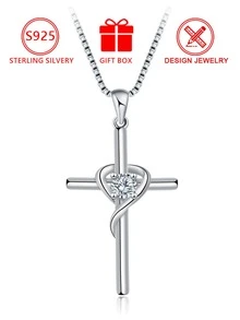 1pc 925 Sterling Silver Cross & Heart Wrapped White/Blue Zirconia Pendant Necklace (Beloved Wrapped Design), Gift Box, Suitable For Daily Wear, Festivals, Valentine's Day - Silver - View 10