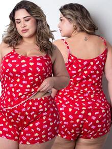 Baby Doll Short Doll Plus Size Pijama feminino Malha Fria Liganete Estampado - Multicolorido - Visão 6