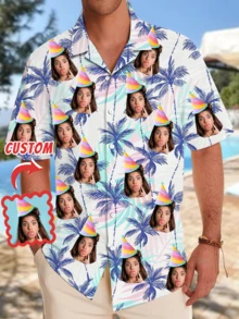 1pc Customizable Men's Hawaiian Shirt, Brazil Collar Button-Up Shirt, Personalized Men's Summer Clothing, Holiday Shirt, Men's Casual Birthday Shirt With Funny Face Design, Personalized Photo Gift For Boyfriend, Husband, Family, Friends - Multicolor - View 1