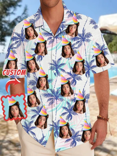 1pc Customizable Men's Hawaiian Shirt, Brazil Collar Button-Up Shirt, Personalized Men's Summer Clothing, Holiday Shirt, Men's Casual Birthday Shirt With Funny Face Design, Personalized Photo Gift For Boyfriend, Husband, Family, Friends