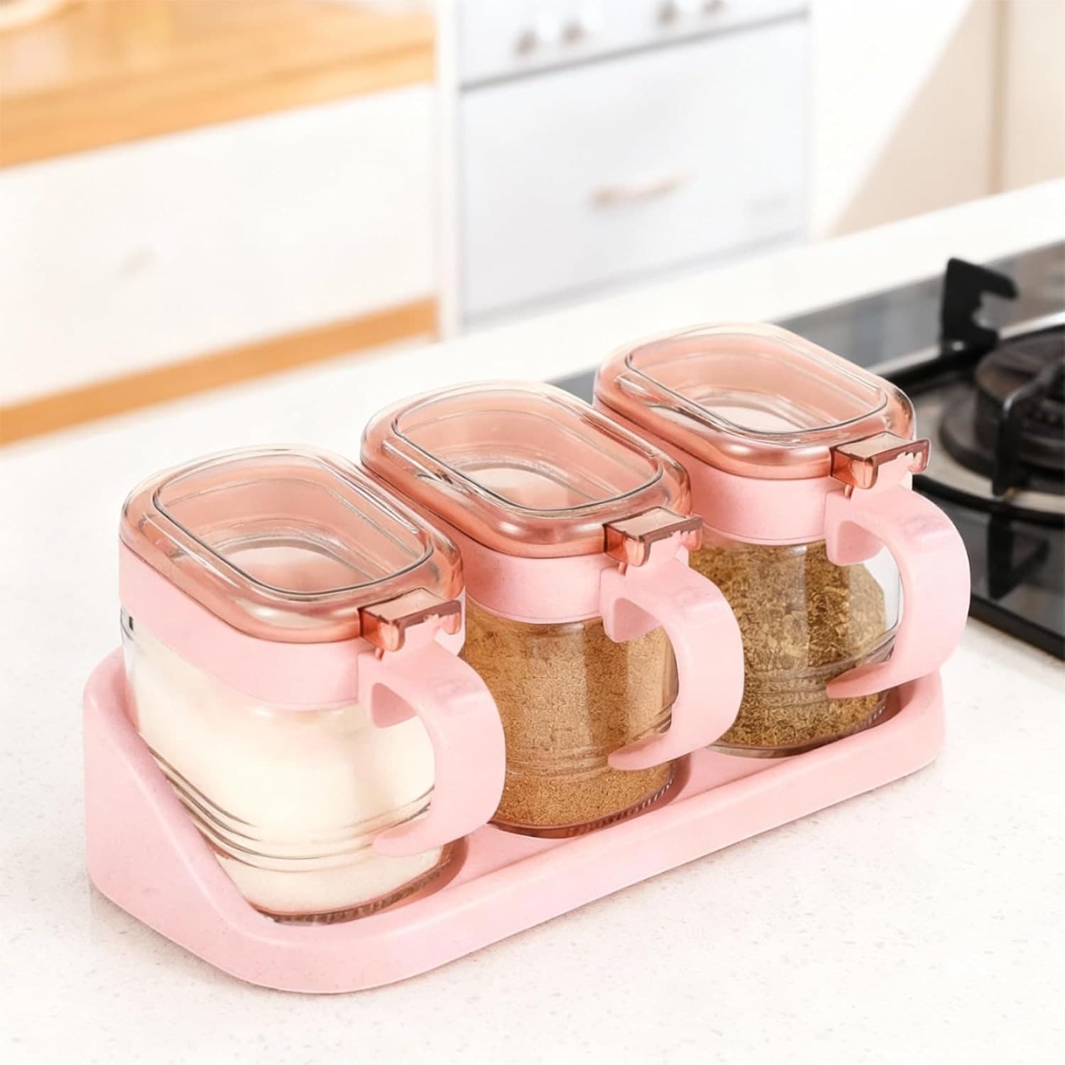 Set Of 3 Pink Coffee Containers, Glass Spice Jars, Spice Storage Set, Suitable For Coffee Beans, Candy, Oats, And Nuts - 無色 - 查看 1
