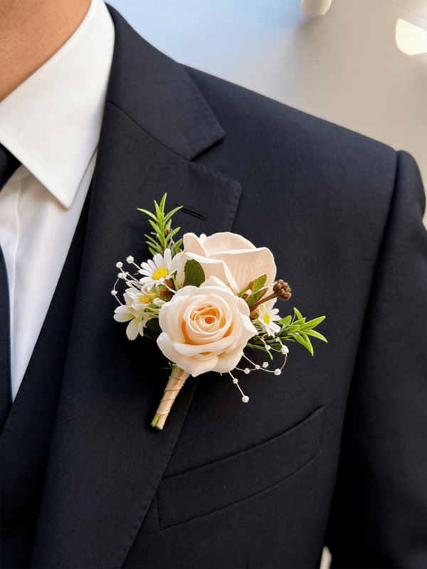 1pc/6pcs Artificial Champagne Rose Flower Groom Boutonniere Man Brother Corsage Graduate Pin Suit Wedding Flowers Party Deocration