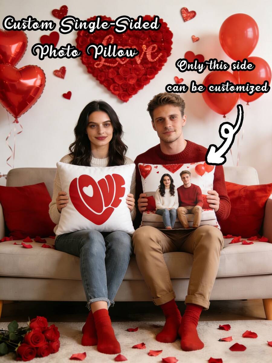 1pc Double-Sided Printed Rose & Heart Shape Customized Text/Photo Throw Pillow Cover, Soft Plush Fabric, Washable Zipper Design, Suitable For Valentine's Day, Anniversary, Wedding Gift (Inner Cushion Not Included), Romantic Personalized Pillow, Modern Style, No Power Required - LOVE - View 1