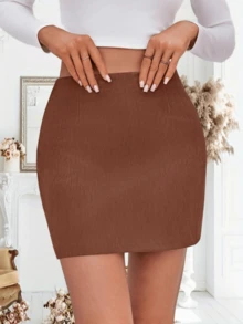 Imily Bela Wenrine Womens Corduroy Mini Skirt High Waisted Basic Casual A-Line Short Fall Winter Outdoor Exercise Skirts - 紅木色 - 查看 2