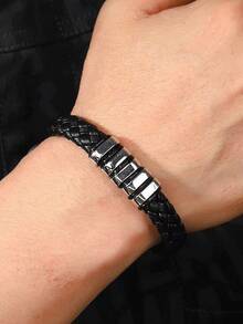 1 Customized Name Men's Bracelet, Personalized Black/Silver Woven Casual Style Bracelet, Engraved With 1-5 Names, Suitable For Giving To Dad, Grandpa, Uncle, Husband, Son, Father's Day Gifts Available All Year Round, Easter, Valentine's Day Gifts - Multicolor - View 4