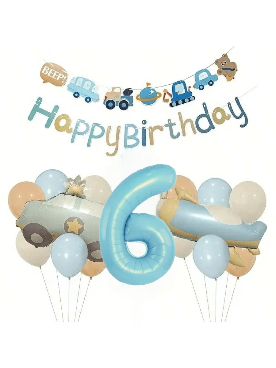 32-Inch Light Blue Matte Vintage Airplane & Car Number Balloon Set, Birthday Party Decoration, Scene Layout, Photo Props - Baby Blue - View 1