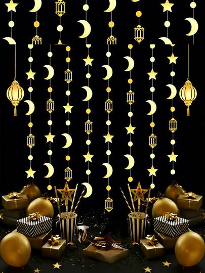 1pc Ramadan Eid Decorations, Includes Assorted Color Stars, Moons, Lanterns, Hanging Party Decor For Eid Celebration, Can Be Hung On Wall Entrance Or Garden, Dreamlike Moon And Stars Combination, 3 Meters Long Eid Hanging Ornaments