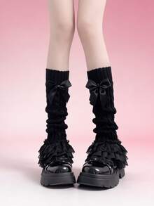1 Pair White/Black New Lace Ruffle Bow Knit Leg Warmers, Sweet Lolita Style - Multicolor - View 9