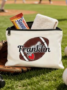 1pc Customized Canvas Chain Bag With Ball Design. Can Be Printed With Your Name/Custom Text. Includes Elements Of Multiple Balls Such As Soccer, Rugby, Baseball, Volleyball, Tennis, Basketball, Bowling, And Golf.