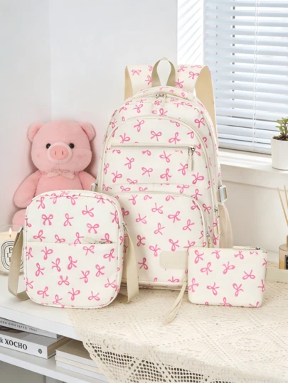 Conjunto de mochila de tres piezas con estampado de lazos beige | Regalo de Navidad ideal | Mochila grande con compartimento para portátil, correa ajustable, resistente al agua | Para estudiantes, trabajo, viajes, adolescentes
