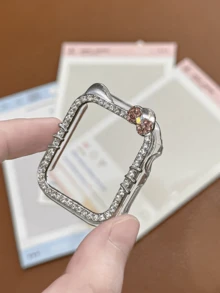 1pc Cartoon Pattern Silver Rhinestone Decorated Fashionable Charm Watch Case, Cute Cat Ear Shockproof No Screen Protector Sensitive Touch, Fit For Apple Watch 40/41/42/44/45/46mm SE/11/10/9/8/7/6/5/4 Series, Smart Watch Case Accessory