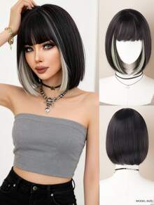 12-Inch Women's Bob Wig - Short Straight Hair With Highlighted Blonde, High Density Heat-Resistant Synthetic Hair, Black & White Highlights, Suitable For Party And Daily Wear - Multicolor - View 2
