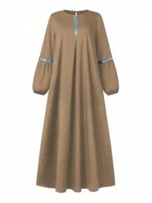 Fashionable Long Sleeve Abaya Dress, Casual Homewear With Sequins, Traditional Arabic Clothing - Khaki - View 1