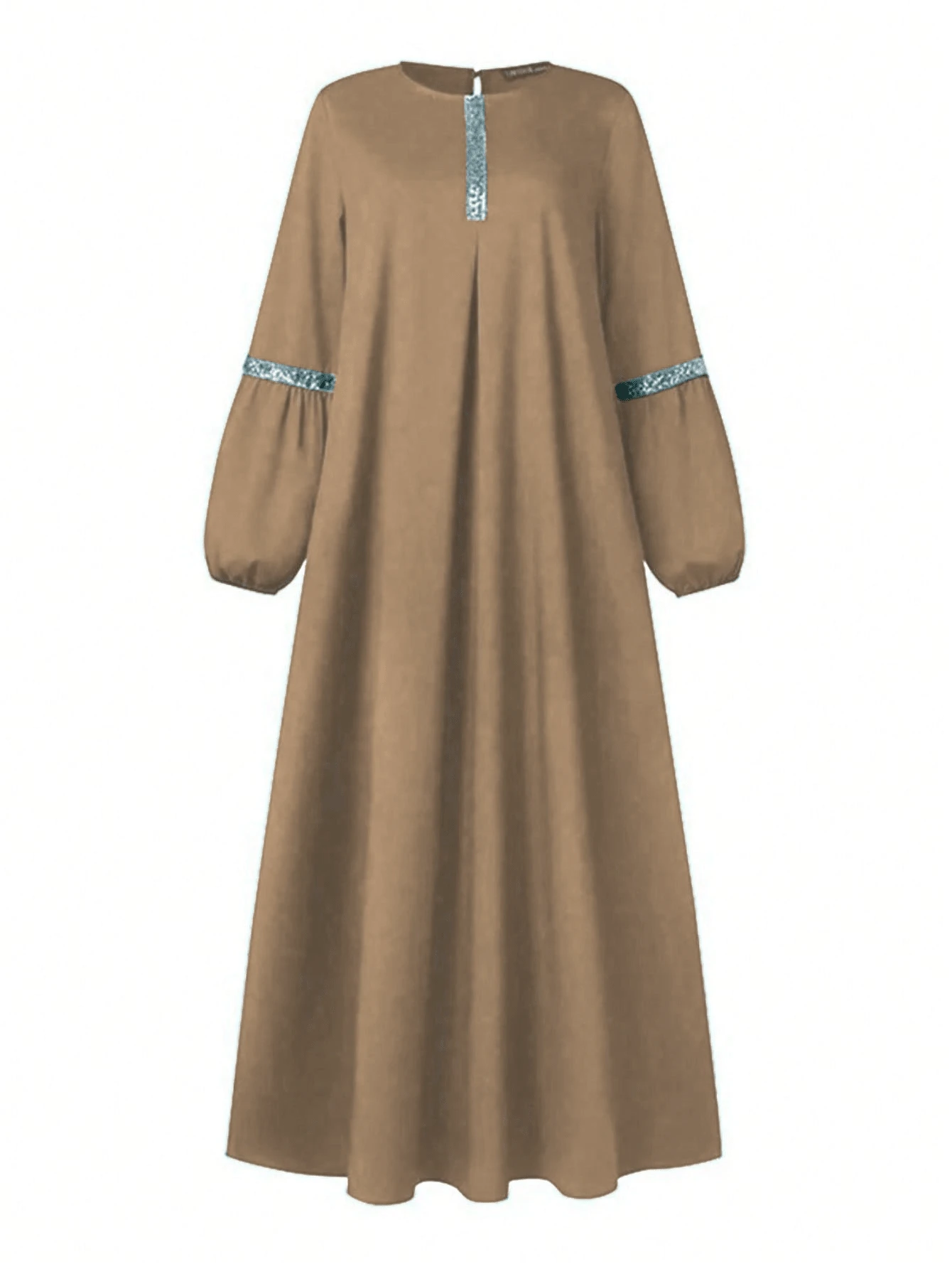 Fashionable Long Sleeve Abaya Dress, Casual Homewear With Sequins, Traditional Arabic Clothing - Khaki - View 1