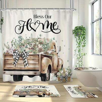 1 Pc - Polyester - Truck Farmhouse Rustic Eucalyptus Floral Plant Home Bathroom Accessories Fabric, With 12 Plastic Hooks - 71 Inches * 71 Inches