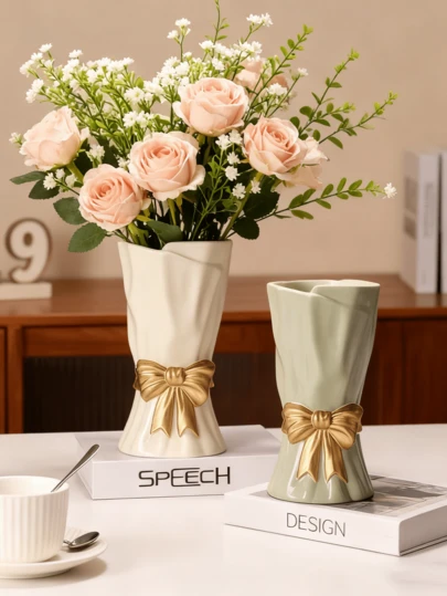 White Bow Vase Set - Nordic Style Tabletop/Bedroom Shelf Decor Vase, Suitable For Artificial Flowers, Ideal For Home Decor, Holiday Decor, Office Decor And Aromatherapy; Also A Great Gift For Close Friends, Ladies Or Winter, Wedding Occasions