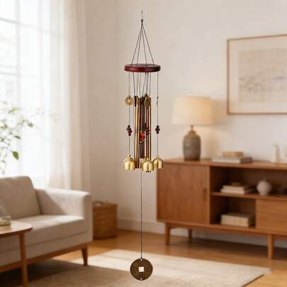 1pc Vintage Brass & Wooden Wind Chime, Copper Tube Bell With Coin Pendant, Zen Home/Indoor/Window Decor, Housewarming Blessing Gift