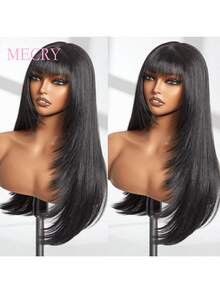 MECRY Elegant Black Synthetic Wig With Bangs - Medium Straight, Heat-Resistant, Natural Look For Cosplay & Daily Wear, 150% Density, Adjustable Cap - Natural & Black - View 4