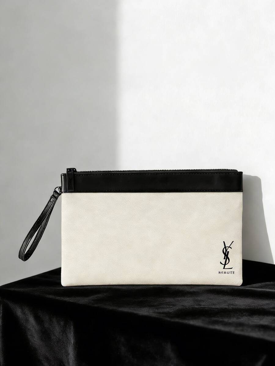 Yves Saint Laurent Materiel Beauty Large Wristlet Makeup Bag, White And Black Zipper Cosmetic Case With Detachable Strap, 240x150mm, Women Makeup Bag For Travel And Daily Use - White Black - View 1