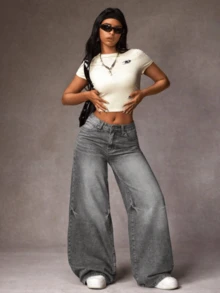Women's Casual Denim Jeans, Spring Fashion Denim Pants Suitable For All Seasons, Wide Leg Fit, High Waist, Full Length, Casual Outdoor Pants, Simple Style, Suitable For Daily Wear, Valentine's Day Essential Women's Pants Jeans Single Item Gift - Xám - Xem 2