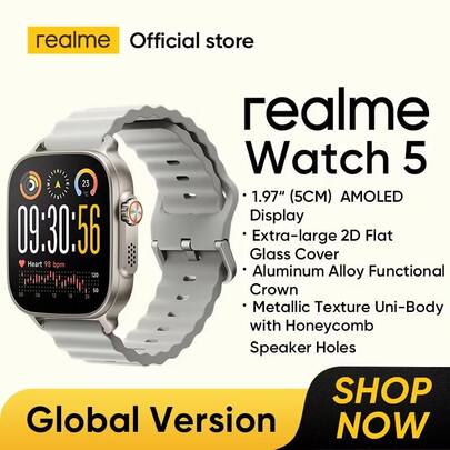  Realme Watch 5 Smart Watch, 1.97" Touchscreen, Wireless Calling, NFC, Sports Tracking - Sleep/Stress/Energy/Noise Monitoring, Compass & 5-Satellite Positioning, Independent GPS, Smart Companion, 108 Sports Modes